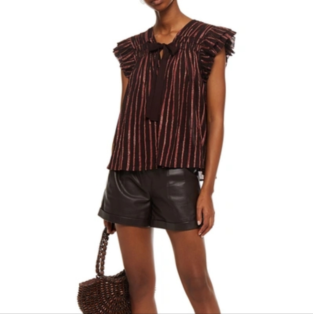 Ulla Johnson Bria Ruffled Metallic Striped Cotton Top Lurex Blend Blouse Sz 8